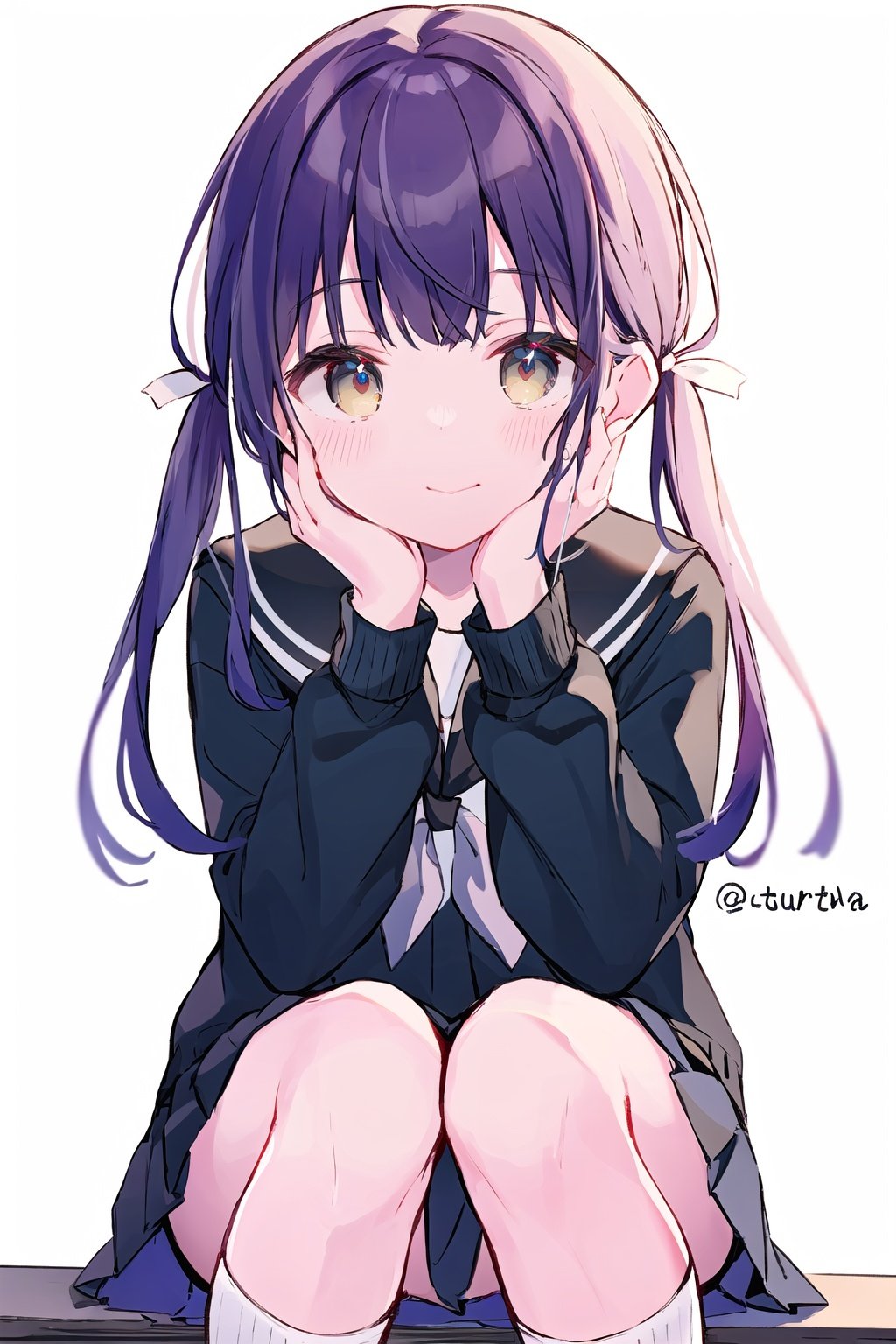 1girl, solo, long_hair, looking_at_viewer, blush, smile, bangs, skirt, simple_background, brown_hair, shirt, long_sleeves, white_background, twintails, brown_eyes, sitting, closed_mouth, school_uniform, purple_hair, pleated_skirt, serafuku, socks, black_skirt, sailor_collar, twitter_username, blue_skirt, neckerchief, hands_up, black_shirt, feet_out_of_frame, blue_shirt, black_socks, white_sailor_collar, hands_on_own_face, hands_on_own_cheeks, white_neckerchief, blue_serafuku