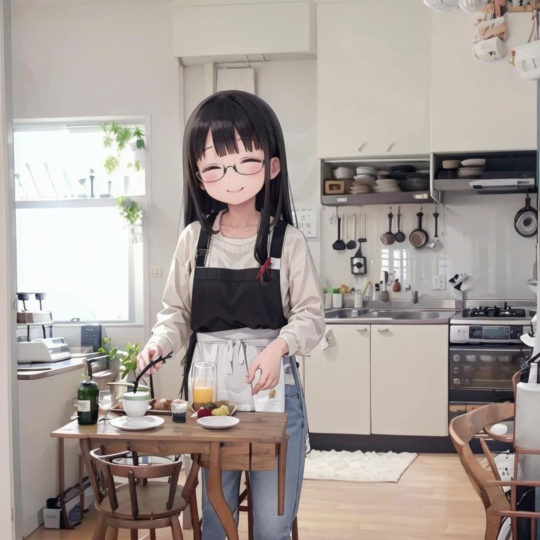 best quality, ultra-detailed, illustration,JPkitchen, scenery, table, chair, sink, kitchen, plant, indoors, window, refrigerator, frying pan, bottle, shelf, spatula, door, basket, plate, cup, stool, wooden floor, curtains,1girl, glasses, black hair, long hair, white sweater, denim, jeans, apron,  happy, smile, closed eyes, looking at viewer,  <lora:JAPAN_kitchen_SD15_V1:1>