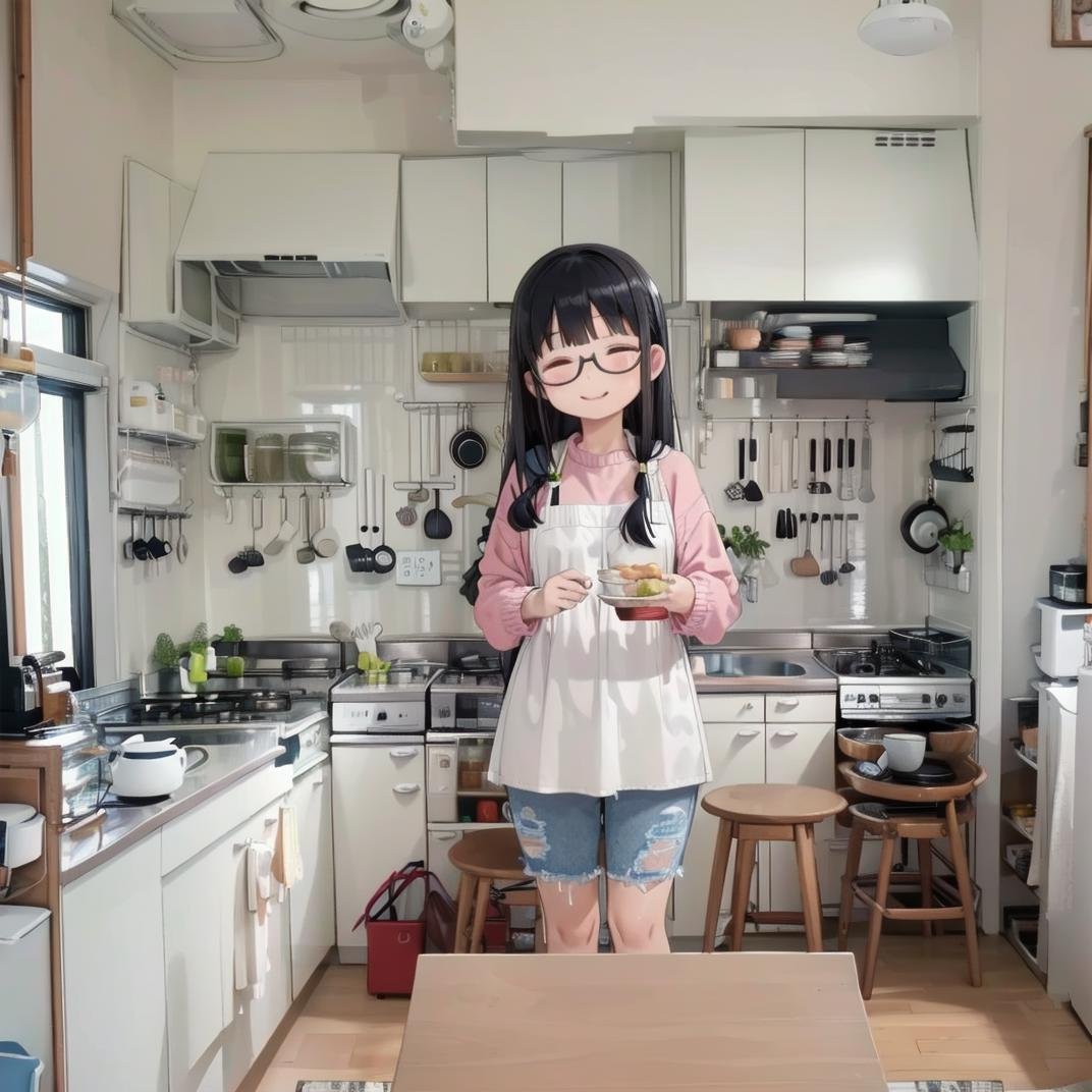 best quality, ultra-detailed, illustration,JPkitchen, scenery, table, chair, sink, kitchen, plant, indoors, window, refrigerator, frying pan, bottle, shelf, spatula, door, basket, plate, cup, stool, wooden floor, curtains,1girl, glasses, black hair, long hair, white sweater, denim, jeans, apron,  happy, smile, closed eyes, looking at viewer,  <lora:JAPAN_kitchen_SD15_V1:1>