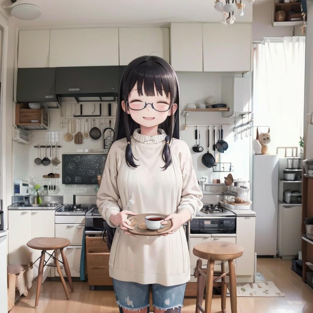 best quality, ultra-detailed, illustration,JPkitchen, scenery, table, chair, sink, kitchen, plant, indoors, window, refrigerator, frying pan, bottle, shelf, spatula, door, basket, plate, cup, stool, wooden floor, curtains,1girl, glasses, black hair, long hair, white sweater, denim, jeans, apron,  happy, smile, closed eyes, looking at viewer,  <lora:JAPAN_kitchen_SD15_V1:1>