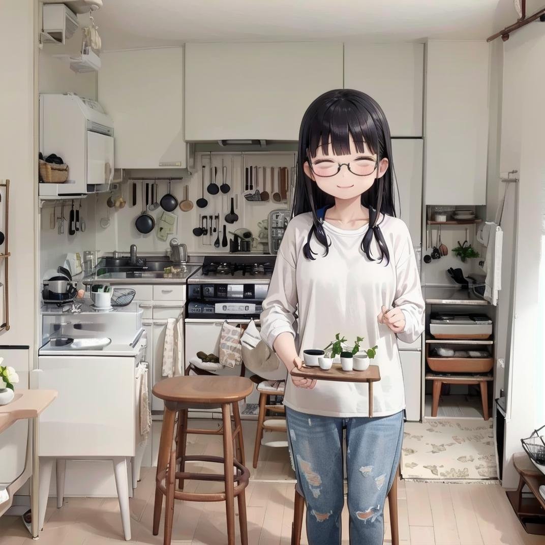 best quality, ultra-detailed, illustration,JPkitchen, scenery, table, chair, sink, kitchen, plant, indoors, window, refrigerator, frying pan, bottle, shelf, spatula, door, basket, plate, cup, stool, wooden floor, curtains,1girl, glasses, black hair, long hair, white sweater, denim, jeans, apron,  happy, smile, closed eyes, looking at viewer,  <lora:JAPAN_kitchen_SD15_V1:1>