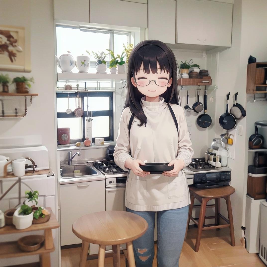 best quality, ultra-detailed, illustration,JPkitchen, scenery, table, chair, sink, kitchen, plant, indoors, window, refrigerator, frying pan, bottle, shelf, spatula, door, basket, plate, cup, stool, wooden floor, curtains,1girl, glasses, black hair, long hair, white sweater, denim, jeans, apron,  happy, smile, closed eyes, looking at viewer,  <lora:JAPAN_kitchen_SD15_V1:1>