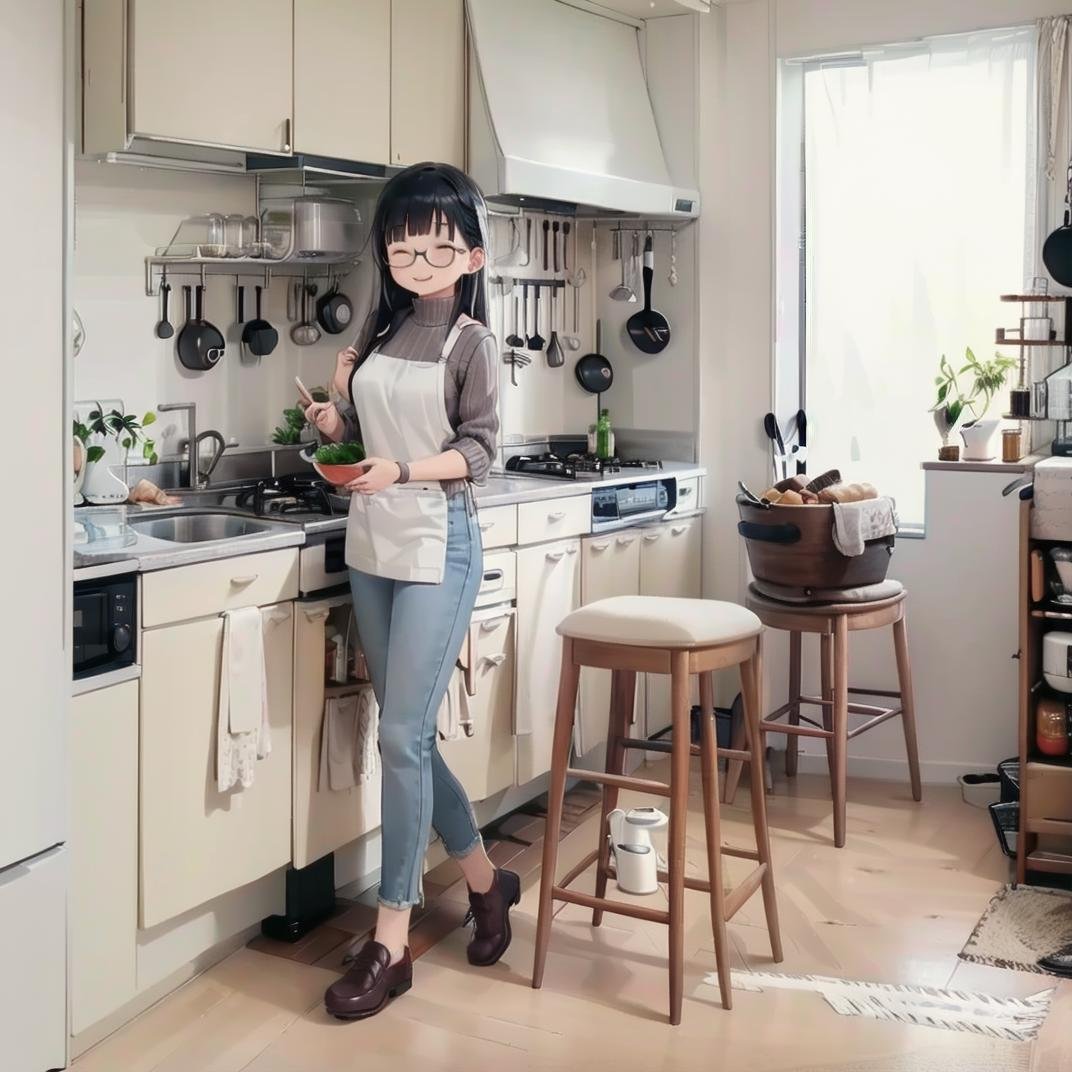 best quality, ultra-detailed, illustration,JPkitchen, scenery, table, chair, sink, kitchen, plant, indoors, window, refrigerator, frying pan, bottle, shelf, spatula, door, basket, plate, cup, stool, wooden floor, curtains,1girl, glasses, black hair, long hair, white sweater, denim, jeans, apron,  happy, smile, closed eyes, looking at viewer,  <lora:JAPAN_kitchen_SD15_V1:1>