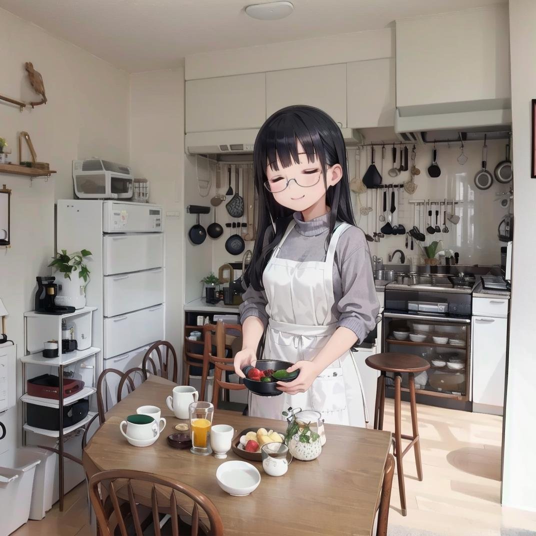 best quality, ultra-detailed, illustration,JPkitchen, scenery, table, chair, sink, kitchen, plant, indoors, window, refrigerator, frying pan, bottle, shelf, spatula, door, basket, plate, cup, stool, wooden floor, curtains,1girl, glasses, black hair, long hair, white sweater, denim, jeans, apron,  happy, smile, closed eyes, looking at viewer,  <lora:JAPAN_kitchen_SD15_V1:1>