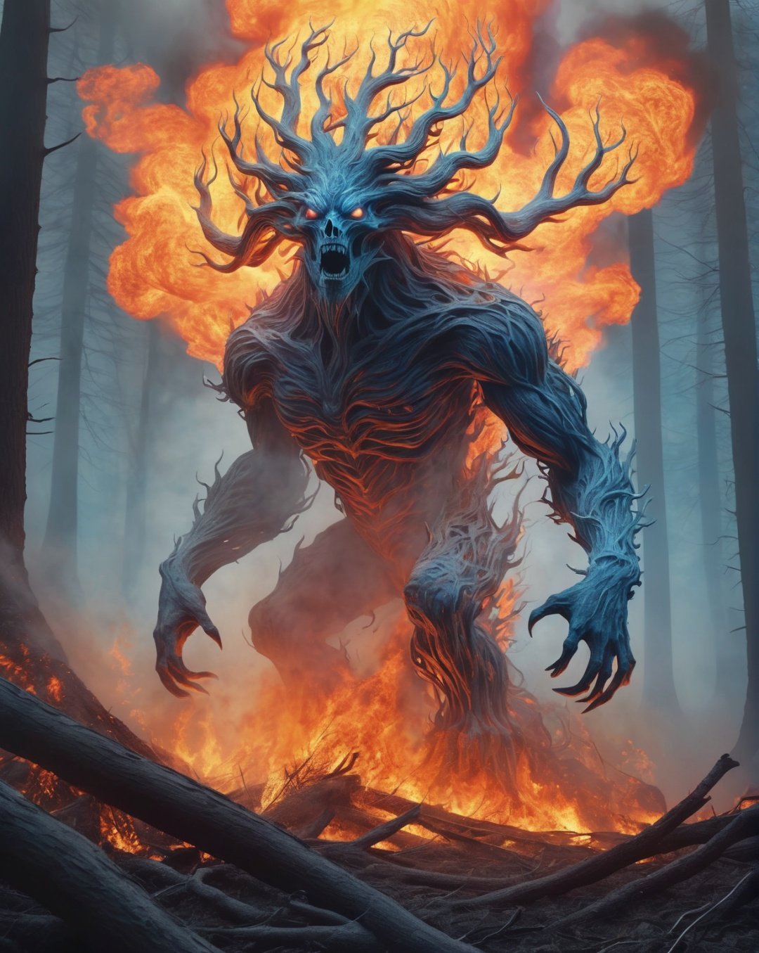 highly detailed, masterpiece, malicious fire elemental emerges from (burning forest:1.2), evil eyes, trees on fire and rising smoke background, faint blue hue, swirling fire, mythical, mystical