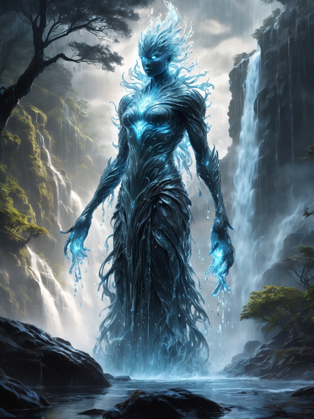 beautiful digital artwork of the water elemental with filigree silver features,stunning humanoid essence made of glowing liquid waterfall and rain and dynamic liquid,mist,moist,water rainy scenery in style by Dave White,Dan Mumford,Cyril Rolando and M.W Kaluta,8k resolution,hyperdetailed,amazing depth,amazing artwork by head of prompt engineering, 