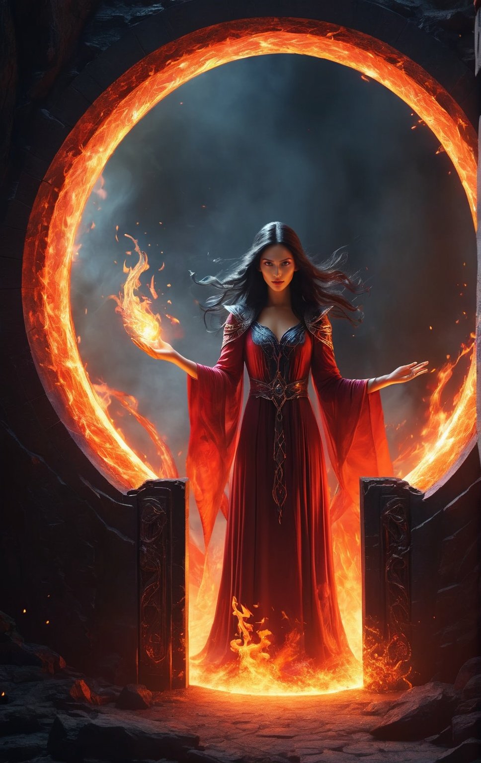 evil Sorceress standing by a demonic (portal:1.4) opening an inter dimensional portal to the gates of hell,hellfire, flames, chaotic energy, 