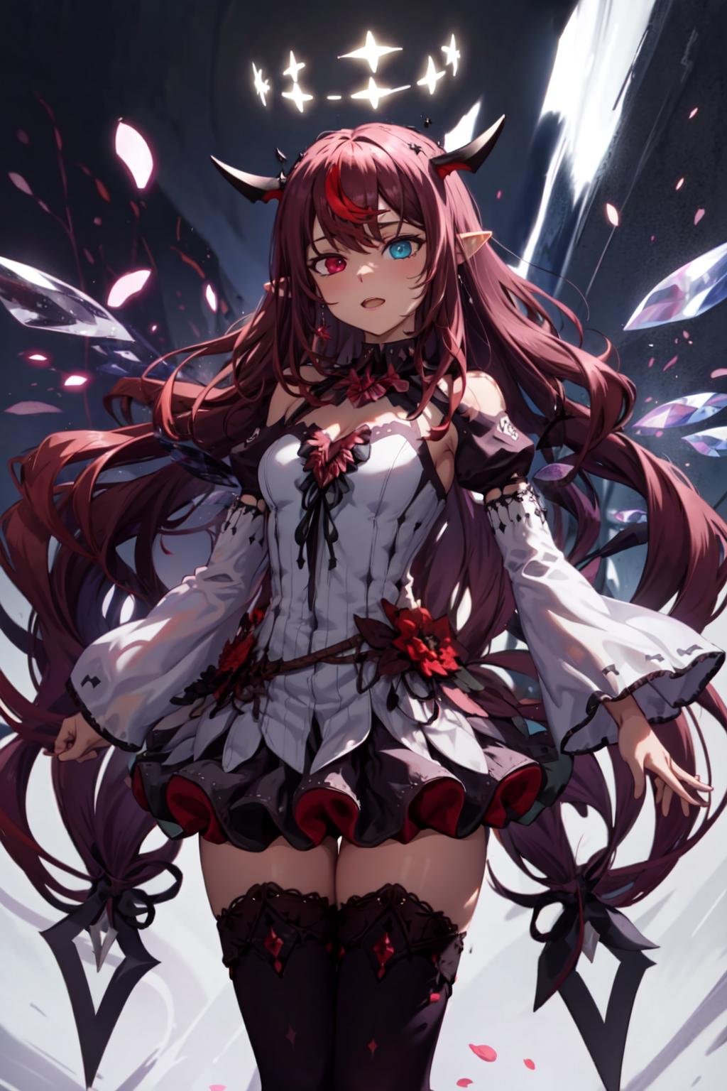 <lora:KitsuneAi-IRyS-LoCon32-V1-000007:1> irys \(hololive\), long hair, heterochromia, pointy ears, horns, detached sleeves, wings, halo, purple thighhighs, white dress