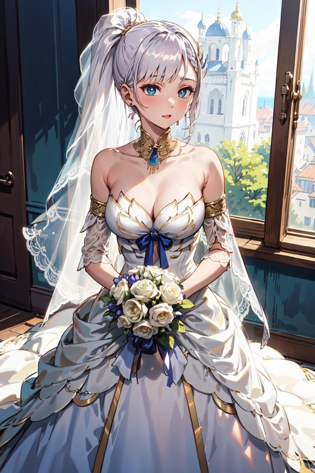 pavolia reine, long hair, wedding dress, side ponytail <lora:KitsuneAi-PavoliaReine-LoCon32-V1-000011:0.8>