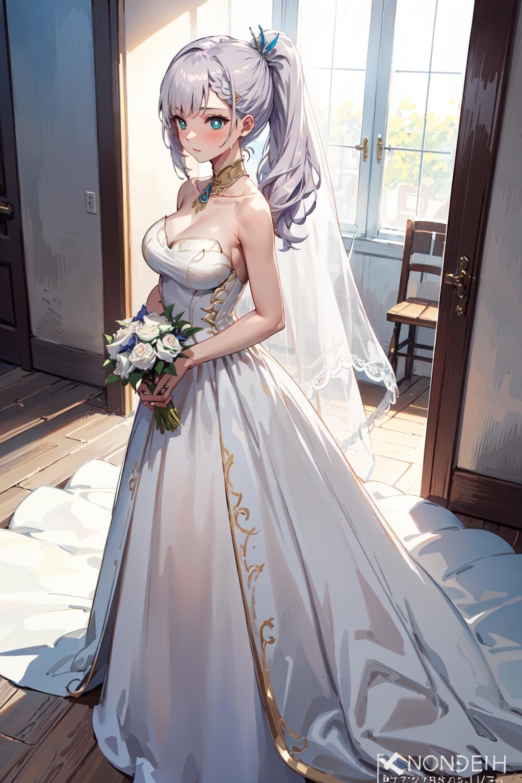 pavolia reine, long hair, wedding dress, side ponytail <lora:KitsuneAi-PavoliaReine-LoCon32-V1-000011:0.8>