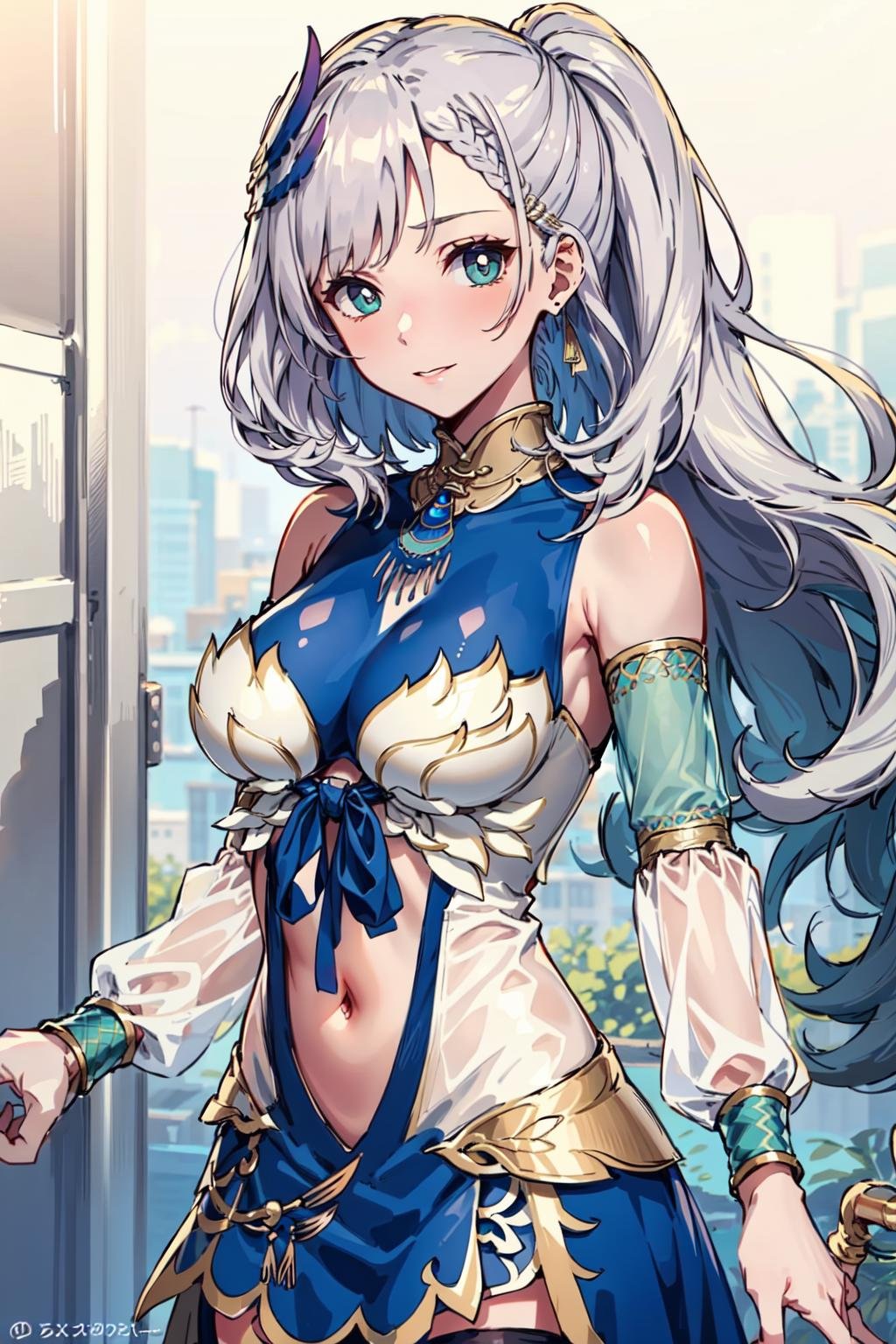 pavolia reine, braided bangs, thighhighs, stomach cutout, jewelry, feather hair ornament, navel, feathers, hair ornament, detached sleeves, long hair, earrings, grey hair, side ponytail, dress  <lora:KitsuneAi-PavoliaReine-LoCon32-V1-000011:1>