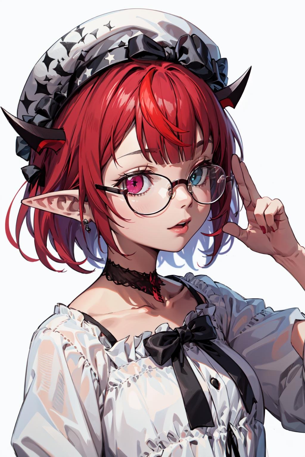 irys \(hololive\), short hair, heterochromia, pointy ears, horns, white dress, black bow, white beret, choker <lora:KitsuneAi-Irys-LoCon32-V2:0.9>, glasses