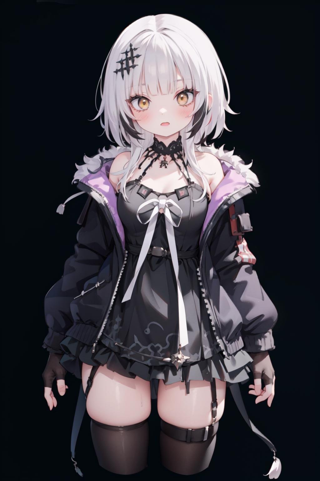 girl with long two-tone hair, dress, thighhighs, open jacket, fingerless gloves <lora:KitsuneAi-ShioriNovella-LoCon32-V1-000011:1> BREAK ((simple background, black background)) 