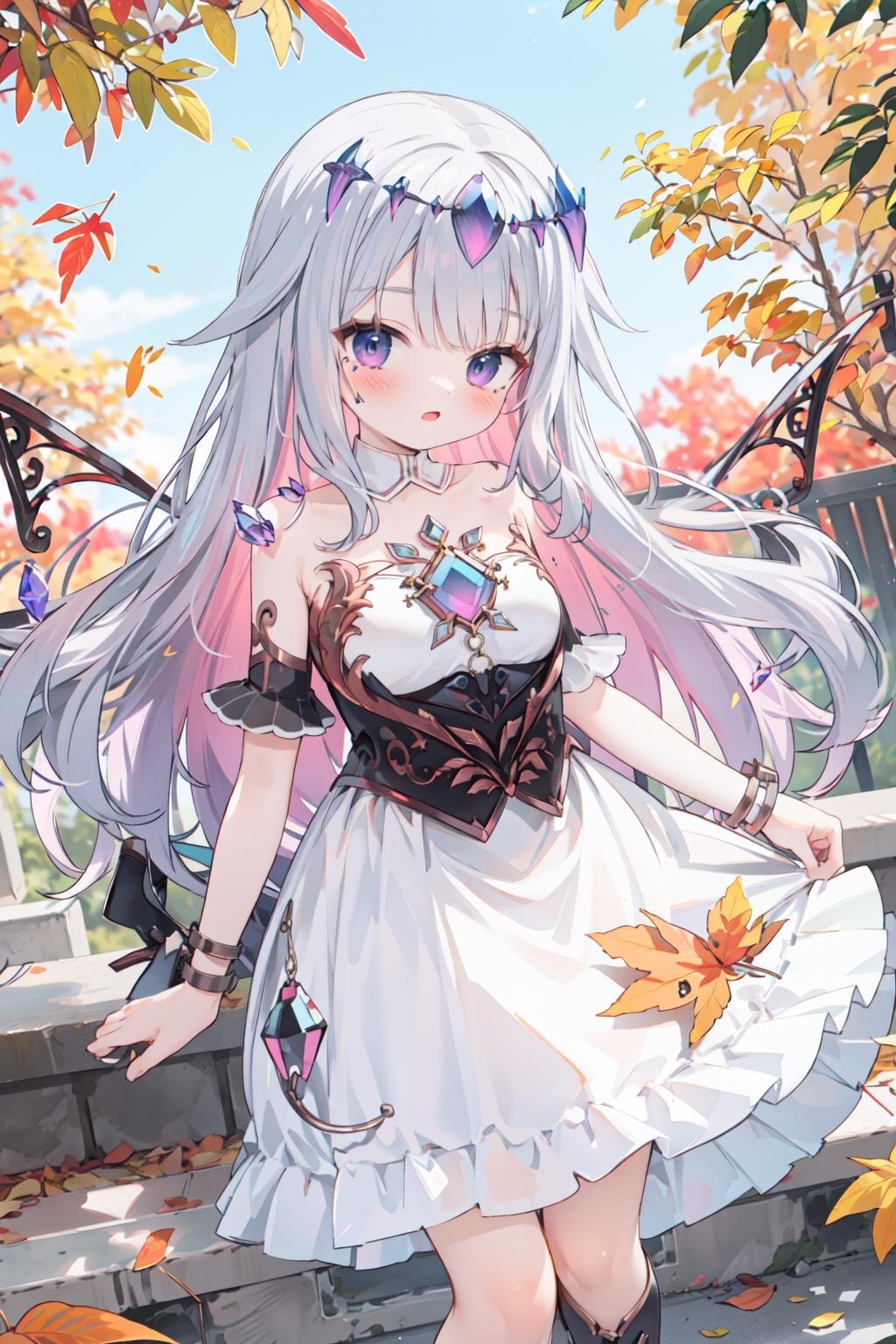 a girl, cowboy shot, medium breasts, outdoors, fall leaves, autumn colors,  <lora:KitsuneAi-KosekiBijou-LoCon32-V0_5-000008:1>white dress, detached sleeves, bare shoulders, wings, strapless, crystal, collarbone, short sleeves, white sleeves, strapless dress, boots