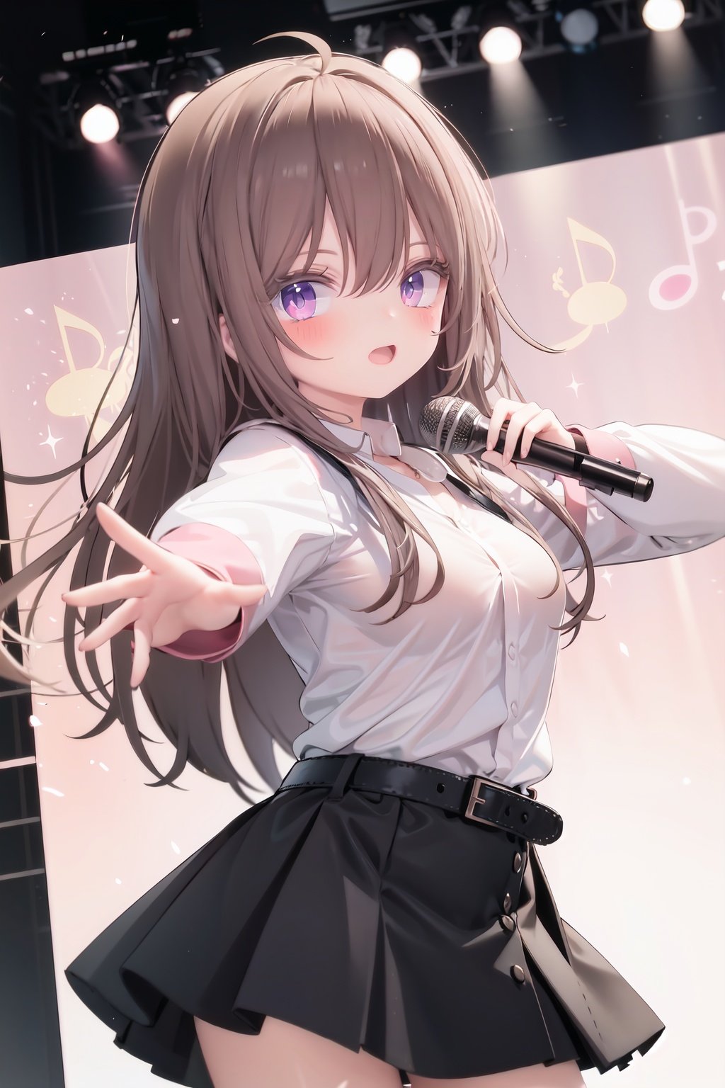  1girl, solo, microphone, smile, skirt, blush, brown eyes, long hair, open mouth, looking at viewer, brown hair, long sleeves, :d, shirt, bangs, belt, breasts, pink shirt, outstretched arm, music, black belt, medium breasts, holding microphone, singing