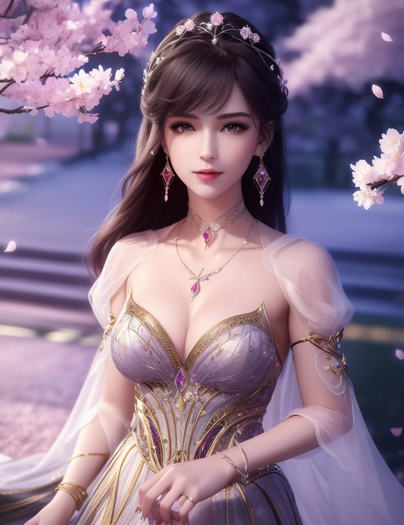 ultra realistic 8k cg, picture-perfect face, flawless, clean, masterpiece, professional artwork, famous artwork, cinematic lighting, cinematic bloom, perfect face, beautiful face, fantasy, dreamlike, unreal, science fiction,  beautiful clothes, lace, lace trim, lace-trimmed legwear,  (rich:1.4), prestige, luxury, jewelry, diamond, gold, pearl, gem, sapphire, ruby, emerald, intricate detail, delicate pattern, charming, alluring, seductive, erotic, enchanting, hair ornament, necklace, earrings, bracelet, armlet,halo((,1girl, pov,))(((,cherry blossoms, , 1girl,  solo, petals,looking at viewer, ))) <lora:DA_XiaoWuGodClothes3.0:0.6>