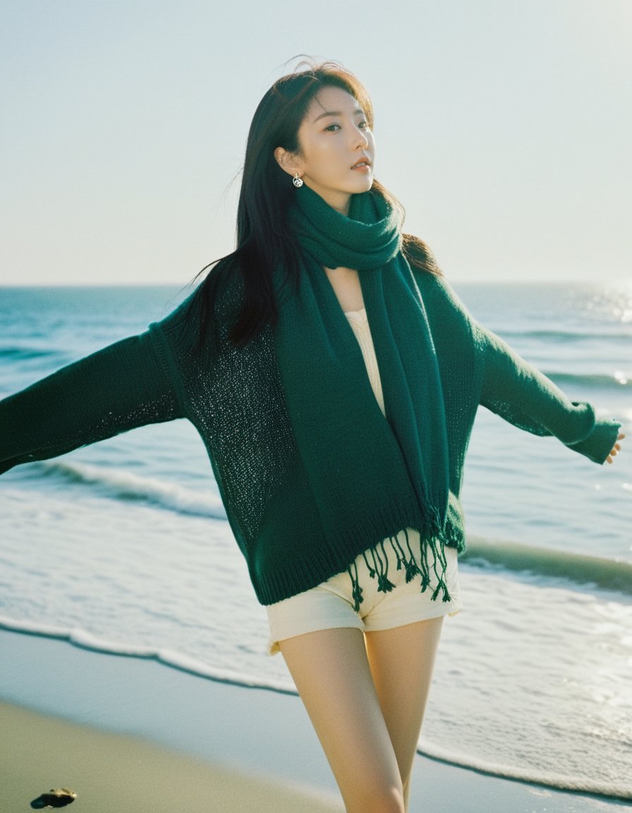 ulzzang, naver fanpop, streaming on twitch, ffffound, 8K, solo, full body, long legs, sweater, Dark green scarf, sea, The glimmer of the sea, KODAK Ektar 100, (Film grain:1.2), light particles, looking at viewer, earrings, sunshine
