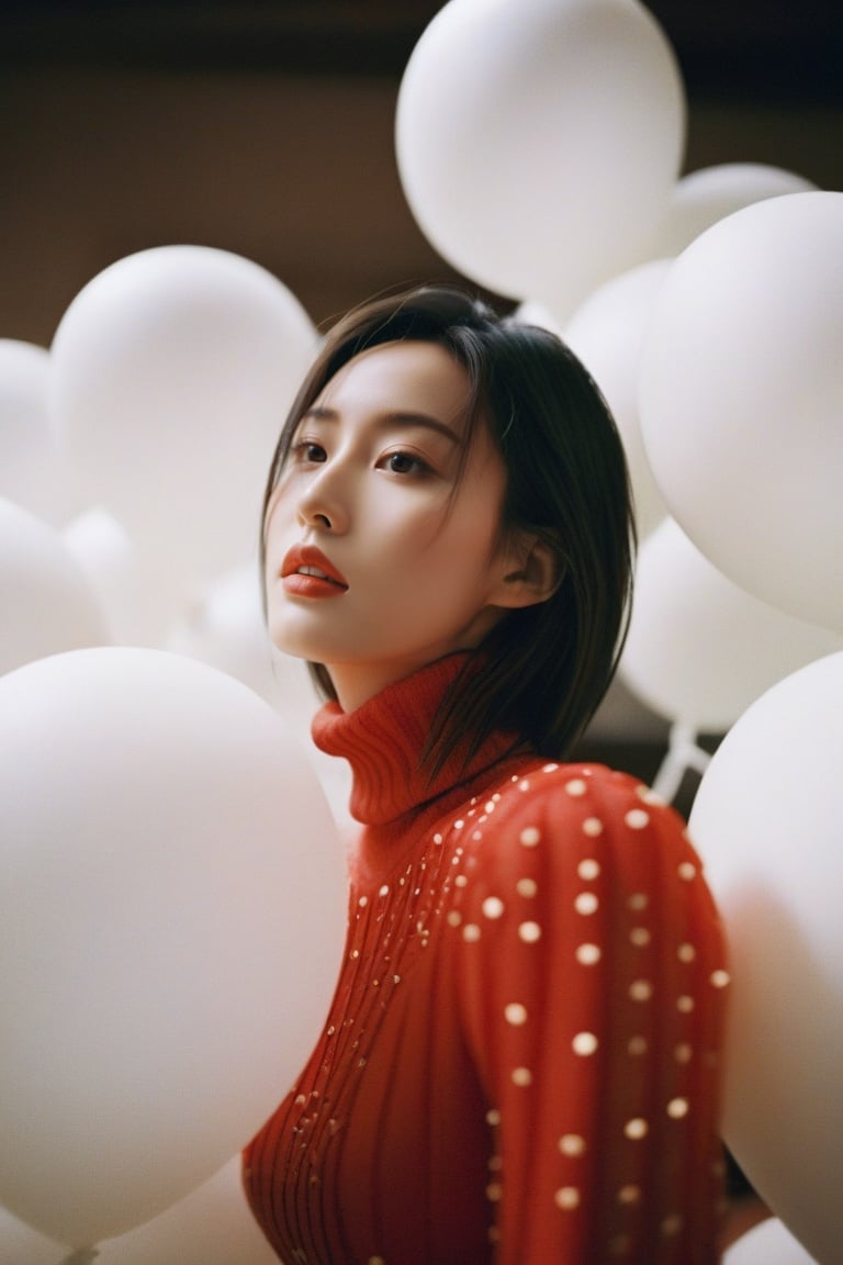  breathtaking cinematic film still,Cowboy_Shot,blouse,a cinematic fashion portrait photo of beautiful young woman from the 90s wearing a red turtleneck standing in the middle of a ton of white balloons,dramatic lighting,taken on a hasselblad medium format camera,looks like liuyifei,white balloon,shallow depth of field,vignette,highly detailed,high budget,bokeh,cinemascope,moody,epic,gorgeous,film grain,grainy . award-winning,professional,highly detailed,sc,monkren,, monkren