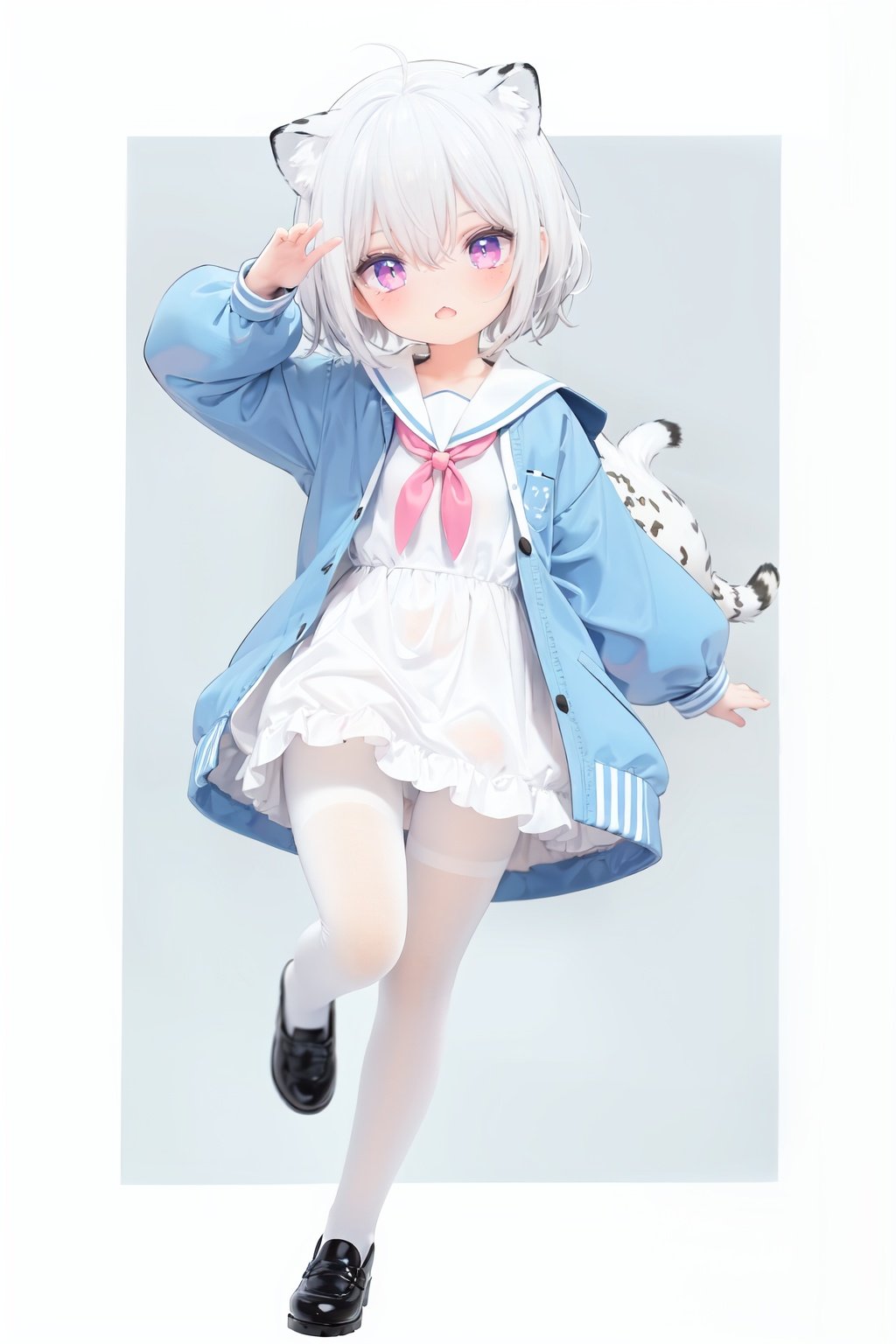  cute,Infant,solo blue shirt,blue sailor coat,loli,full body,white hair,snow leopard ear,white background,pink eyes,laugh,happy,white pantihose,white pantyhose,red armband,