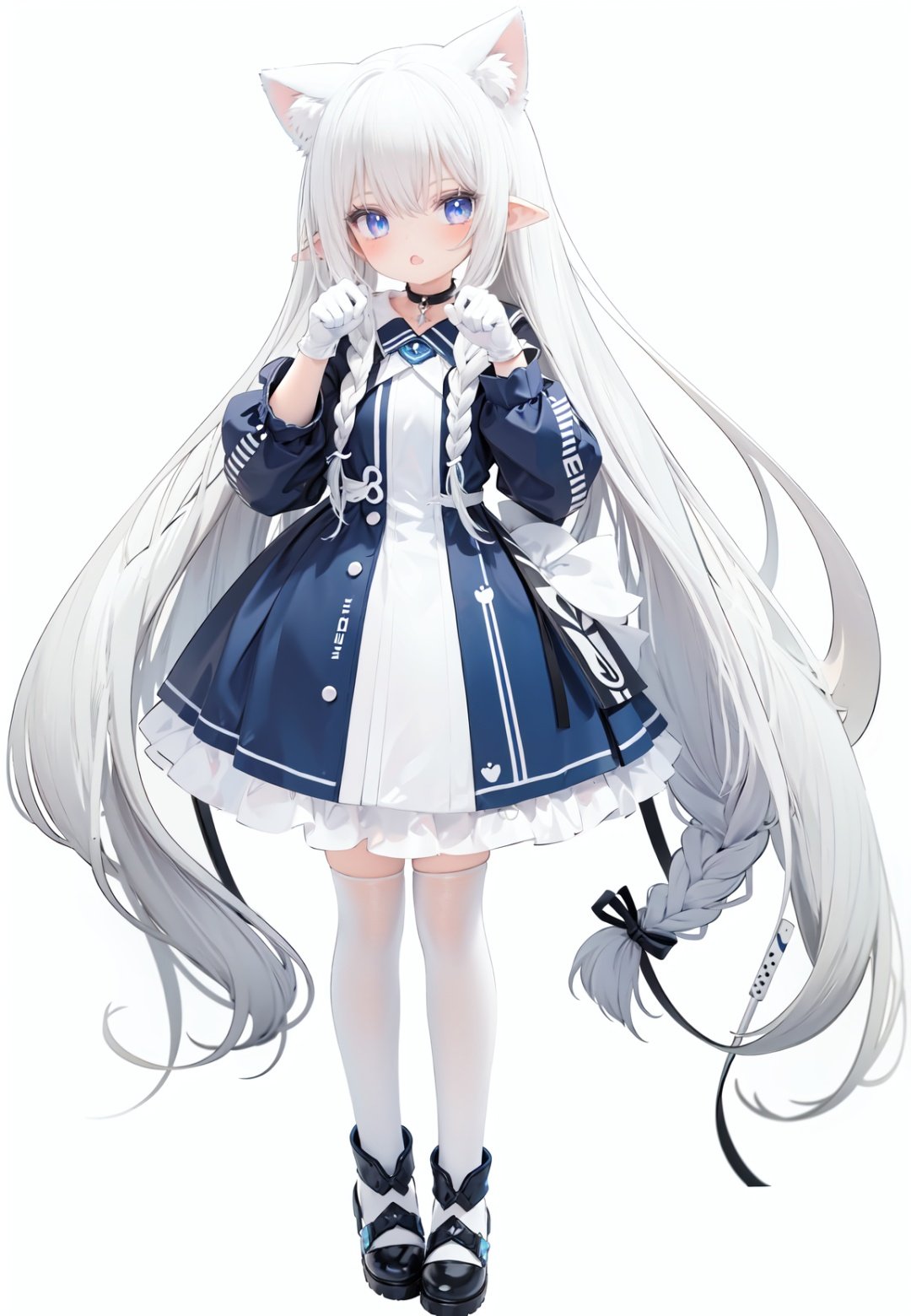  1girl, white_gloves, braid, full_body, gloves, long_hair, official_alternate_costume, pointy_ears, simple_background, solo, standing, very_long_hair, white_background, white hair, blue eyes, paw claw pose, open_mouth