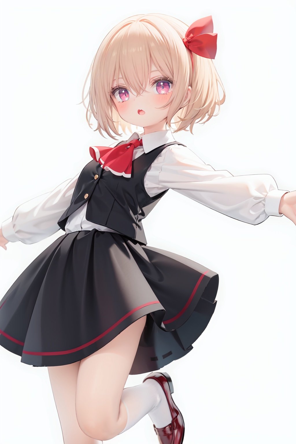  1girl, rumia, blonde hair, solo, white background, red eyes, red footwear, simple background, ascot, short hair, ribbon, open mouth, hair ribbon, smile, long sleeves, shirt, looking at viewer, red ascot, white socks, white shirt, red ribbon, shoes, socks, frills, bangs, outstretched arms, hair between eyes, skirt, :d, dress, vest, mary janes, black dress, black skirt, collared shirt, black vest, blush