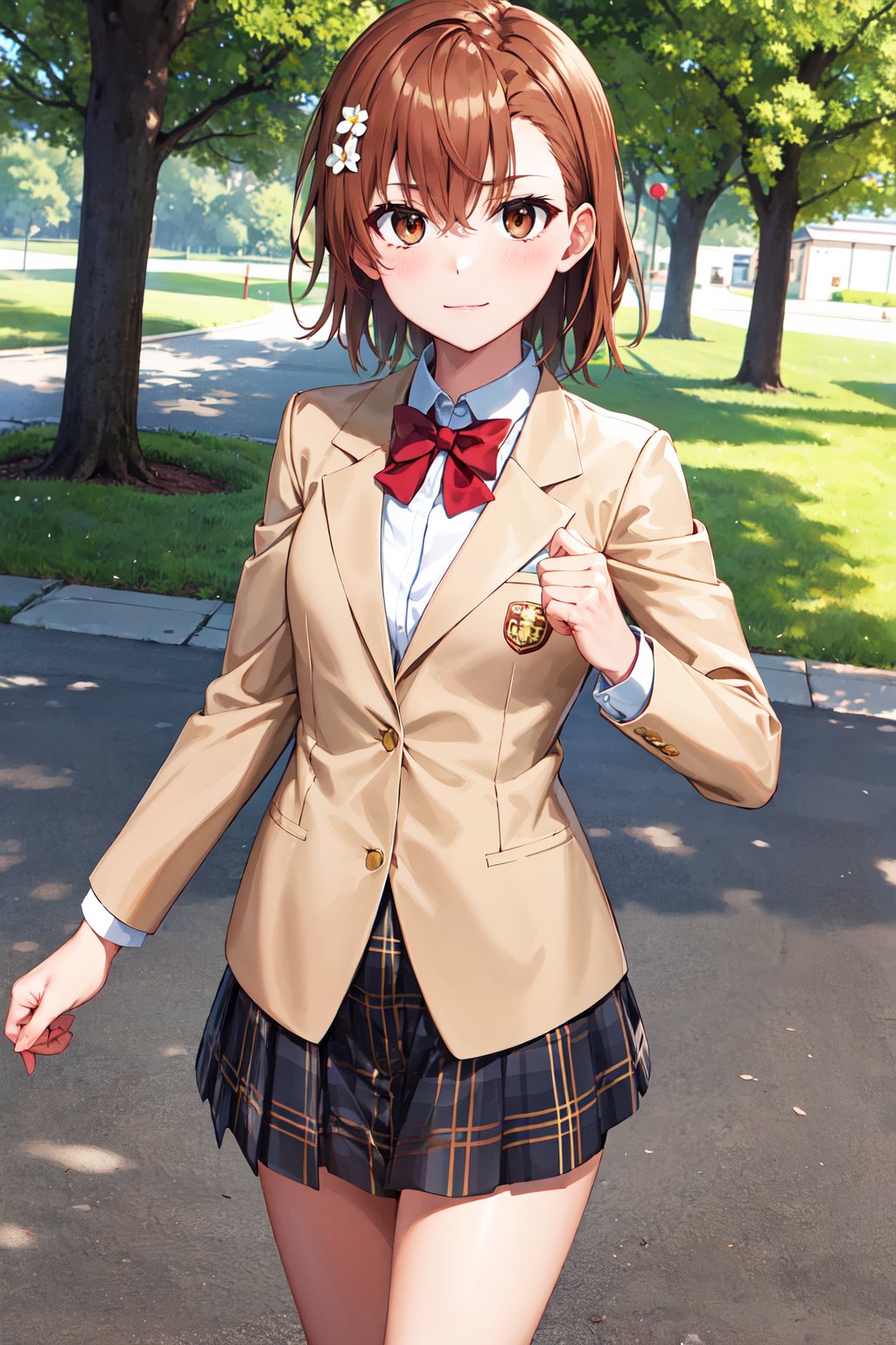 masterpiece, best quality, highres, aamikoto, short hair, hair flower, red bowtie, blazer, brown jacket, long sleeves, plaid skirt, <lora:misaka_mikoto_v1:0.7>, standing, cowboy shot, outdoors