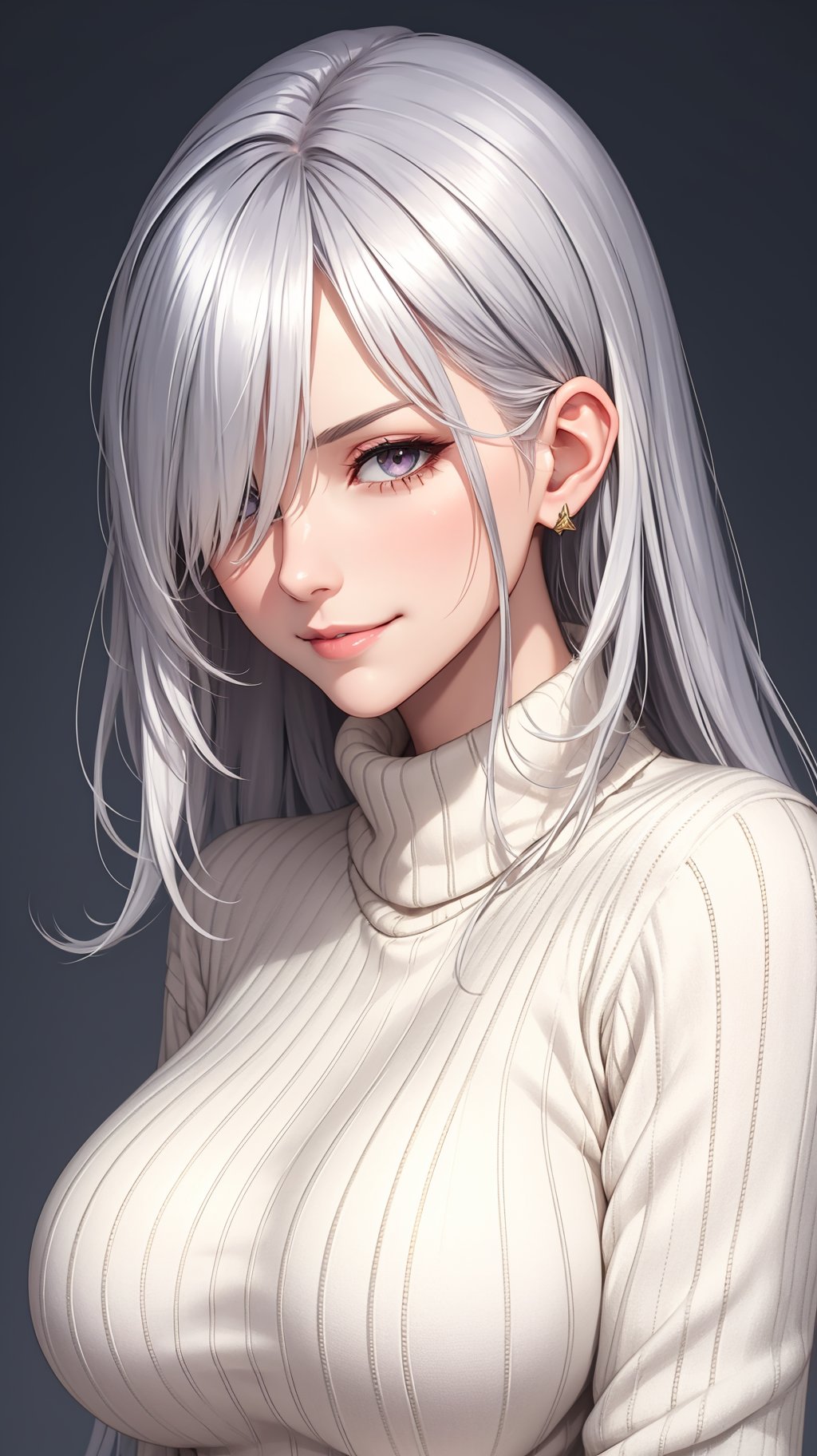 (masterpiece, best quality), mature female, silver hair, silver eyes, sharp jawline, sweater, long hair, hair over one eye,  upper body, large breasts, close up, smirk