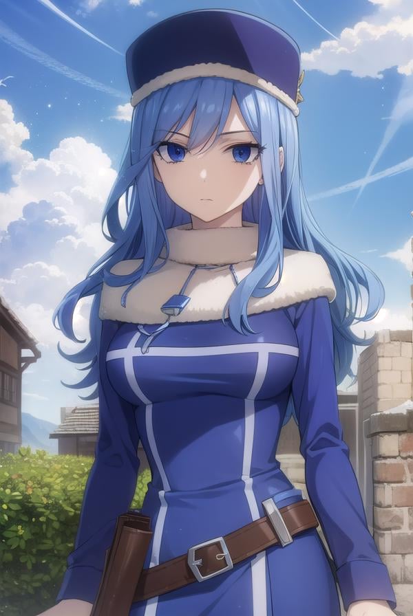 juvialockser, <lora:juvia lockser s7-lora-nochekaiser:1>,juvia lockser, long hair, blue eyes, blue hair, wavy hair, hair between eyes,BREAK hat, dress, belt, fur trim, fur hat, capelet, blue dress, long sleeves,BREAK outdoors, nature, forest, sky, clouds, sun,BREAK looking at viewer, (cowboy shot:1.5),BREAK <lyco:GoodHands-beta2:1>, (masterpiece:1.2), best quality, high resolution, unity 8k wallpaper, (illustration:0.8), (beautiful detailed eyes:1.6), extremely detailed face, perfect lighting, extremely detailed CG, (perfect hands, perfect anatomy),