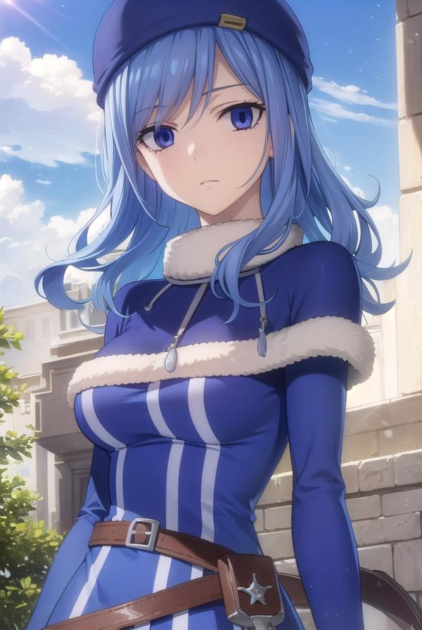 juvialockser, <lora:juvia lockser s7-lora-nochekaiser:1>,juvia lockser, long hair, blue eyes, blue hair, wavy hair, hair between eyes,BREAK hat, dress, belt, fur trim, fur hat, capelet, blue dress, long sleeves,BREAK outdoors, nature, forest, sky, clouds, sun,BREAK looking at viewer, (cowboy shot:1.5),BREAK <lyco:GoodHands-beta2:1>, (masterpiece:1.2), best quality, high resolution, unity 8k wallpaper, (illustration:0.8), (beautiful detailed eyes:1.6), extremely detailed face, perfect lighting, extremely detailed CG, (perfect hands, perfect anatomy),