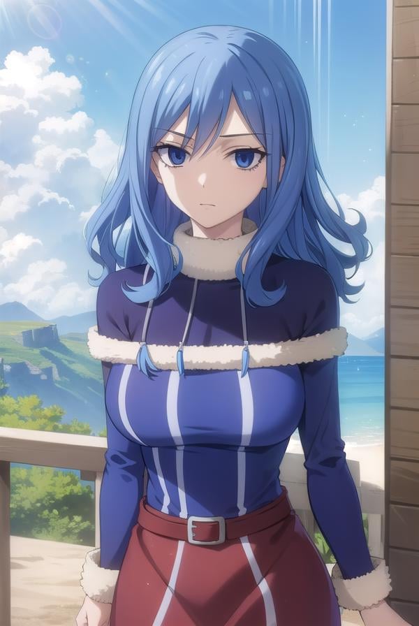 juvialockser, <lora:juvia lockser s7-lora-nochekaiser:1>,juvia lockser, long hair, blue eyes, blue hair, wavy hair, hair between eyes,BREAK hat, dress, belt, fur trim, fur hat, capelet, blue dress, long sleeves,BREAK outdoors, nature, forest, sky, clouds, sun,BREAK looking at viewer, (cowboy shot:1.5),BREAK <lyco:GoodHands-beta2:1>, (masterpiece:1.2), best quality, high resolution, unity 8k wallpaper, (illustration:0.8), (beautiful detailed eyes:1.6), extremely detailed face, perfect lighting, extremely detailed CG, (perfect hands, perfect anatomy),