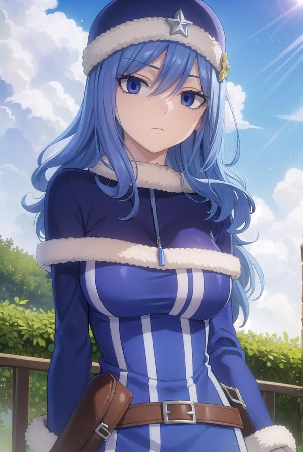 juvialockser, <lora:juvia lockser s7-lora-nochekaiser:1>,juvia lockser, long hair, blue eyes, blue hair, wavy hair, hair between eyes,BREAK hat, dress, belt, fur trim, fur hat, capelet, blue dress, long sleeves,BREAK outdoors, nature, forest, sky, clouds, sun,BREAK looking at viewer, (cowboy shot:1.5),BREAK <lyco:GoodHands-beta2:1>, (masterpiece:1.2), best quality, high resolution, unity 8k wallpaper, (illustration:0.8), (beautiful detailed eyes:1.6), extremely detailed face, perfect lighting, extremely detailed CG, (perfect hands, perfect anatomy),