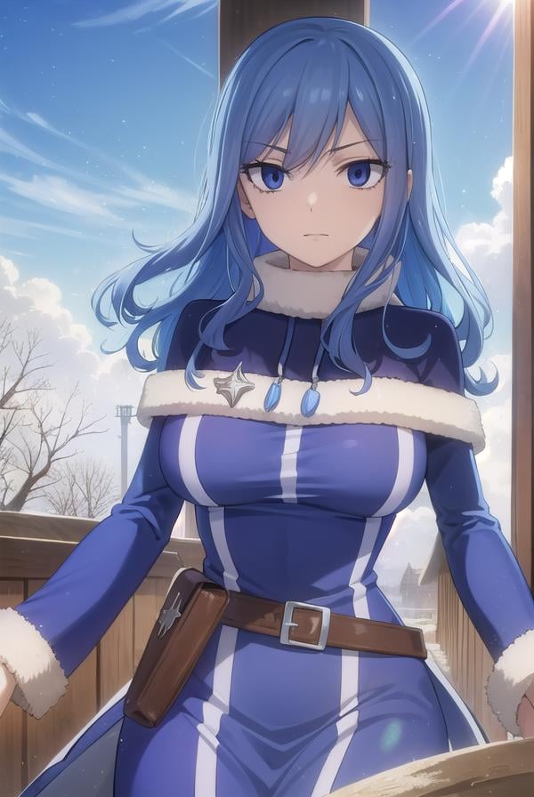 juvialockser, <lora:juvia lockser s7-lora-nochekaiser:1>,juvia lockser, long hair, blue eyes, blue hair, wavy hair, hair between eyes,BREAK hat, dress, belt, fur trim, fur hat, capelet, blue dress, long sleeves,BREAK outdoors, nature, forest, sky, clouds, sun,BREAK looking at viewer, (cowboy shot:1.5),BREAK <lyco:GoodHands-beta2:1>, (masterpiece:1.2), best quality, high resolution, unity 8k wallpaper, (illustration:0.8), (beautiful detailed eyes:1.6), extremely detailed face, perfect lighting, extremely detailed CG, (perfect hands, perfect anatomy),