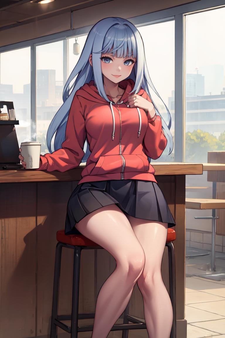 masterpiece, best quality, absurdres, perfect anatomy, 1girl, solo, MegamiSaikou, sitting, coffee shop, hoodie, pleated skirt, smile, <lora:CHAR-MegamiSaikou:1>