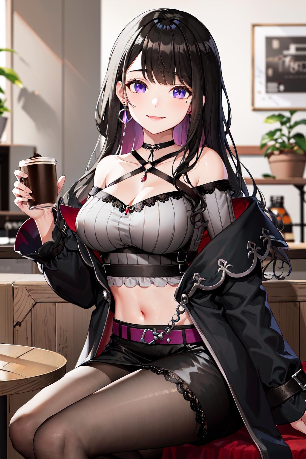 masterpiece, best quality, highres, hmkm1, mole under eye, earrings, jewelry, off shoulder, midriff, black skirt, halterneck, crop top, black coat, belt, pantyhose, <lora:koinoya_mai_v1:0.7>, sitting, indoors, cafe, holding cup, coffee, smile