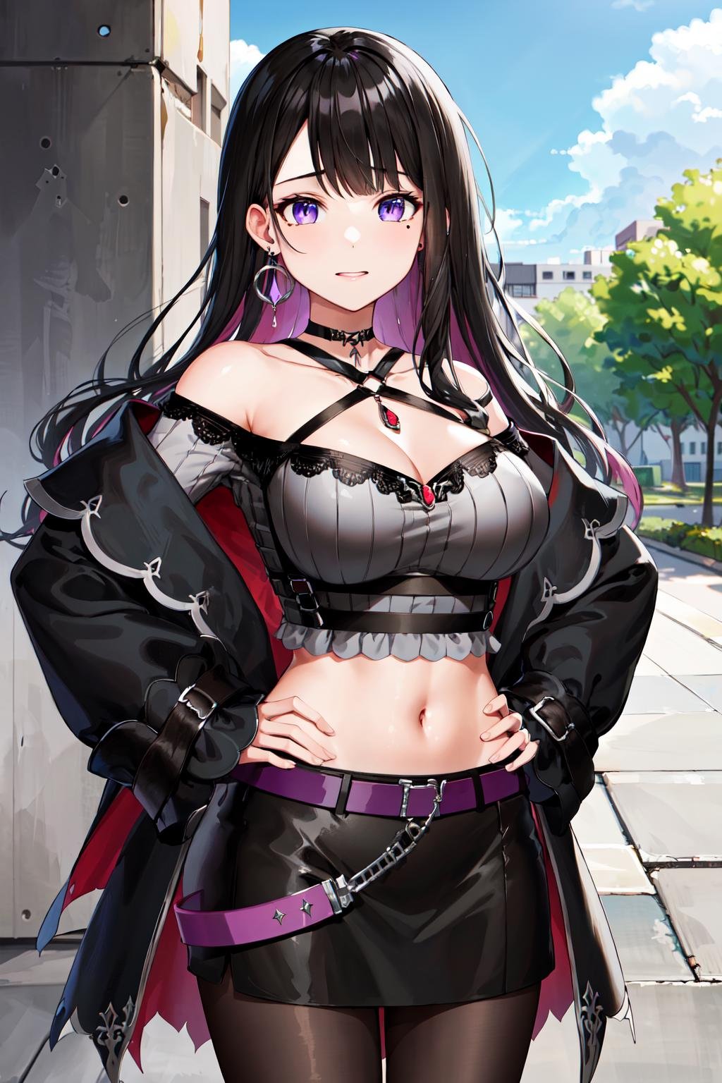 masterpiece, best quality, highres, hmkm1, mole under eye, earrings, jewelry, off shoulder, midriff, black skirt, halterneck, crop top, black coat, belt, pantyhose, <lora:koinoya_mai_v1:0.7>, standing, cowboy shot, outdoors, hand on hip, 