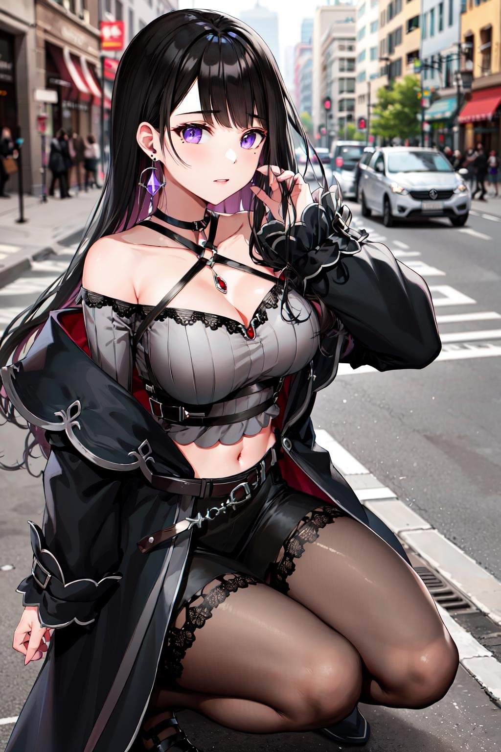 masterpiece, best quality, highres, hmkm1, mole under eye, earrings, jewelry, off shoulder, midriff, black skirt, halterneck, crop top, black coat, belt, pantyhose, <lora:koinoya_mai_v1:0.7>, squatting, outdoors, street