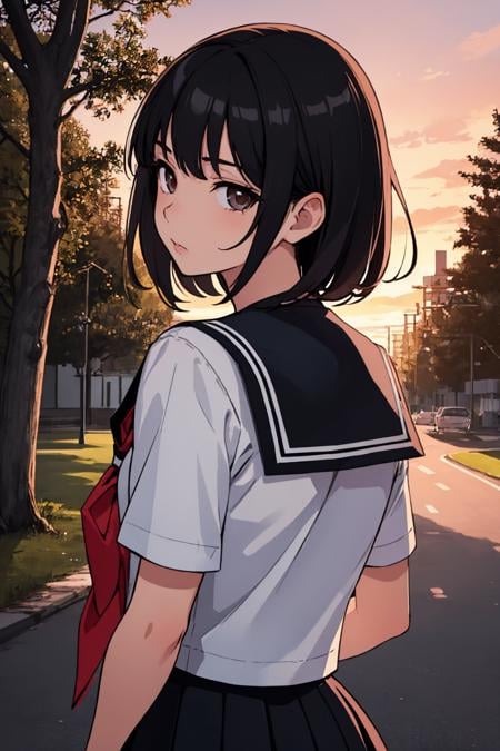 (masterpiece, best quality:1.2), from behind, upper body, solo, 1girl, looking back, medium hair, school uniform, black serafuku, sunset, trees