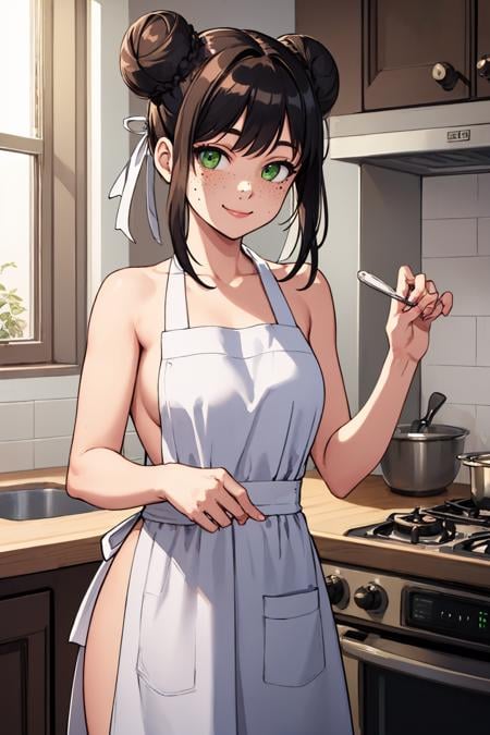 (masterpiece, best quality:1.2), solo, 1girl, freckles, smile, looking at viewer, double bun, green eyes, naked apron, kitchen