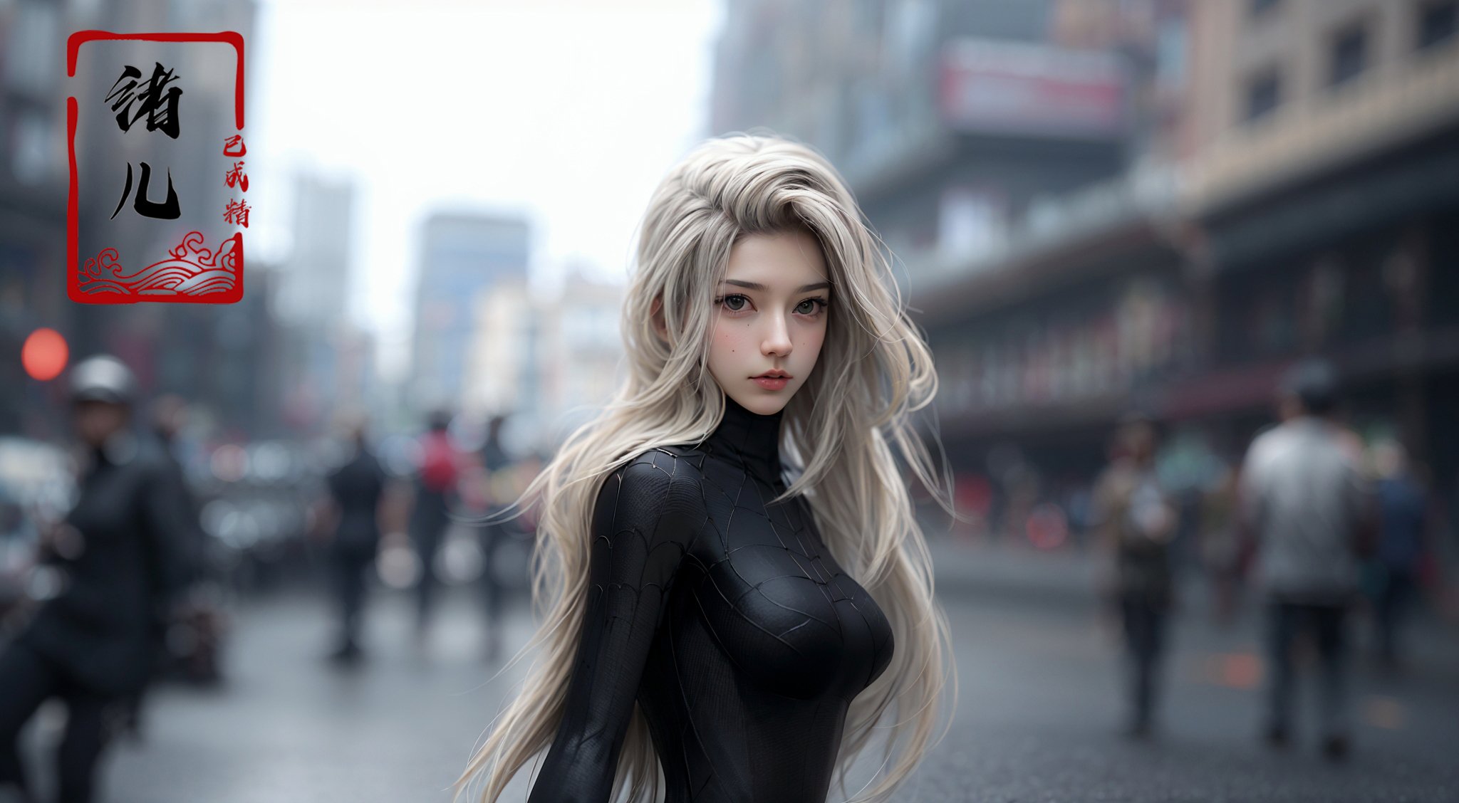 blurry, blurry_background, blurry_foreground, depth_of_field, motion_blur, 1girl, bokeh, long_hair, solo，<lora:绪儿-蜘﷿侠 black Spider Man costume:0.8>