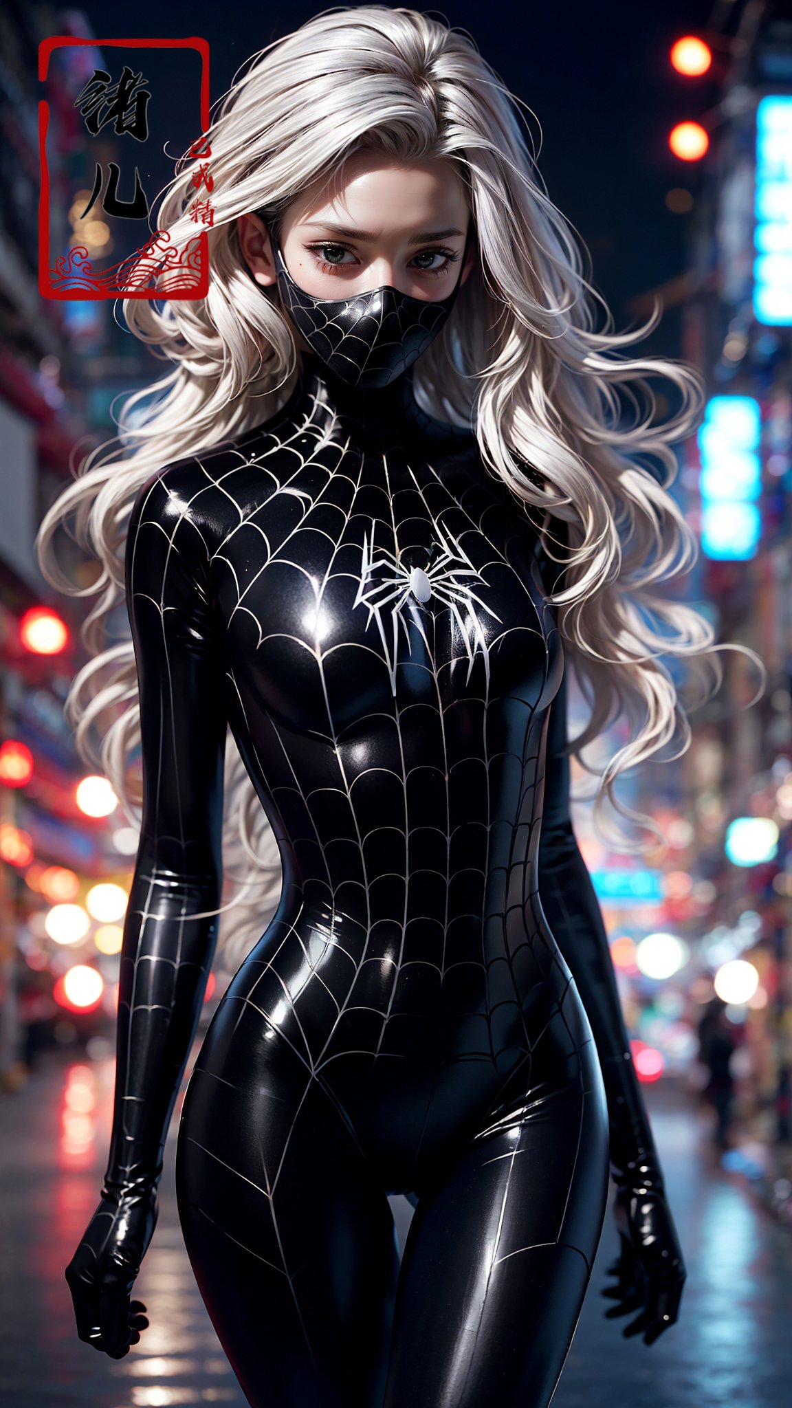 blury background,depth of field, Rainy night, water,Rainy，black Spider Man costume,1gir, solo, mask， (shiny skin:1.5)，skin tight, mole under eye, White hair,,spider web print, gloves，arm support，<lora:绪儿-蜘﷿侠 black Spider Man costume:0.8>