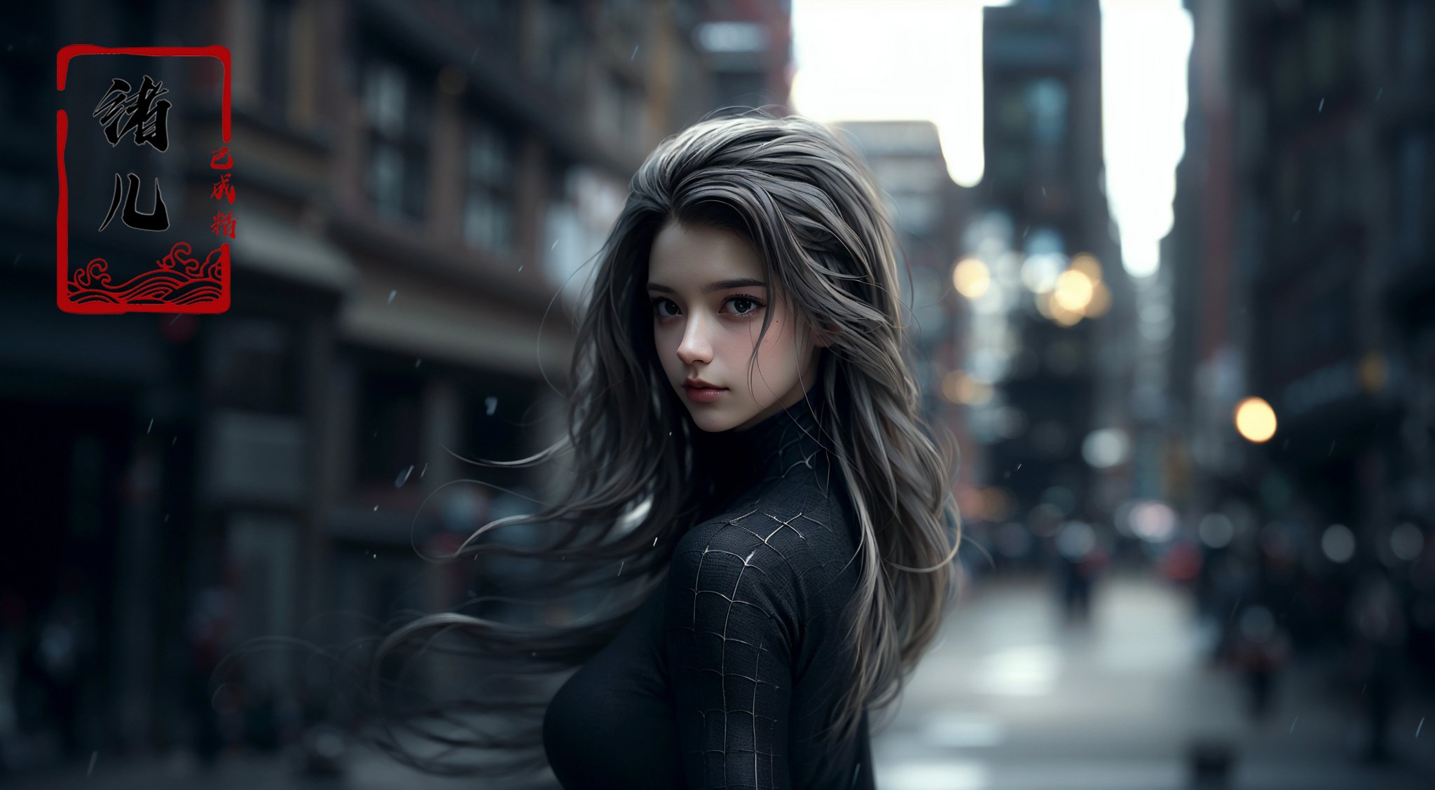 blurry, blurry_background, blurry_foreground, depth_of_field, motion_blur, 1girl, bokeh, long_hair, solo，<lora:绪儿-蜘﷿侠 black Spider Man costume:0.8>