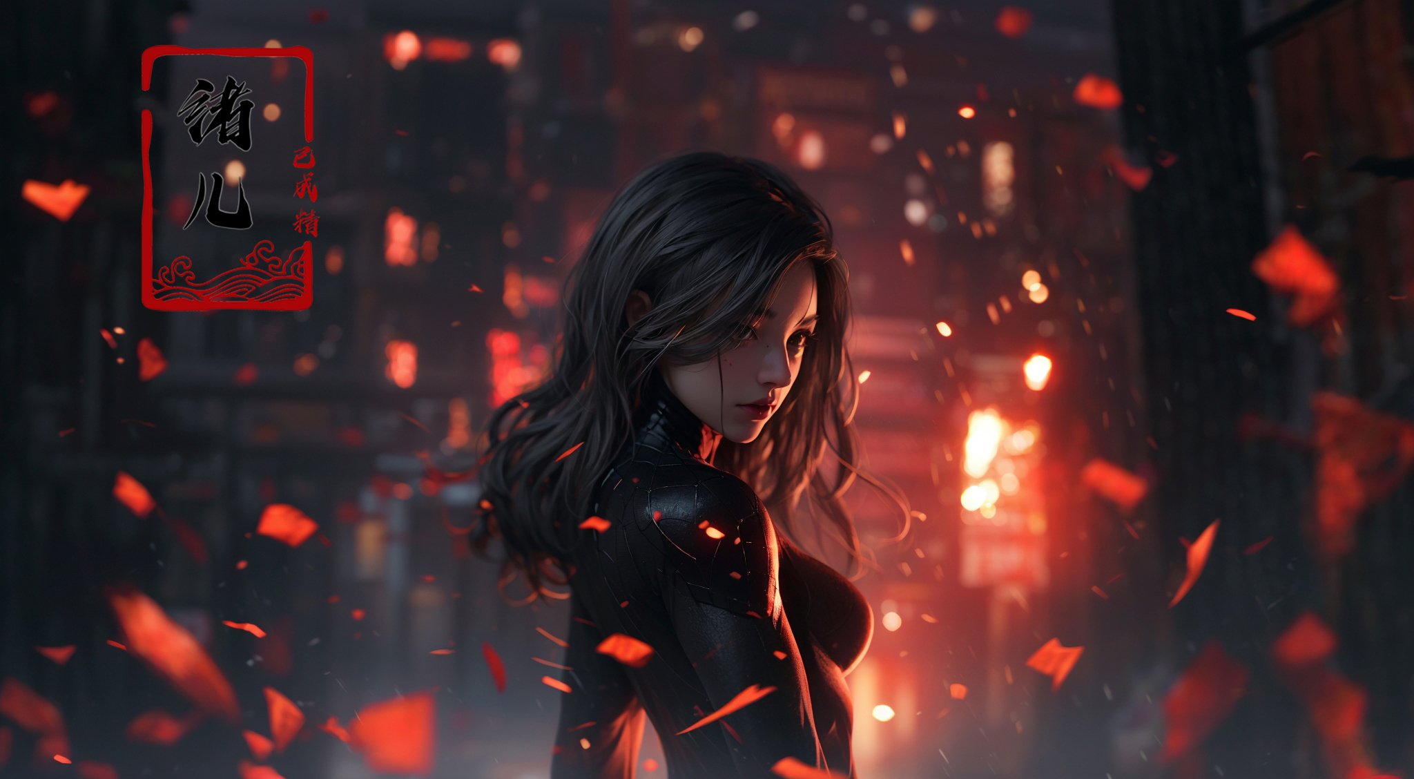 fire, embers, burning, blurry, 1girl, confetti, petals, long_hair, rose_petals, depth_of_field, solo, blurry_background, explosion，<lora:绪儿-蜘﷿侠 black Spider Man costume:0.8>