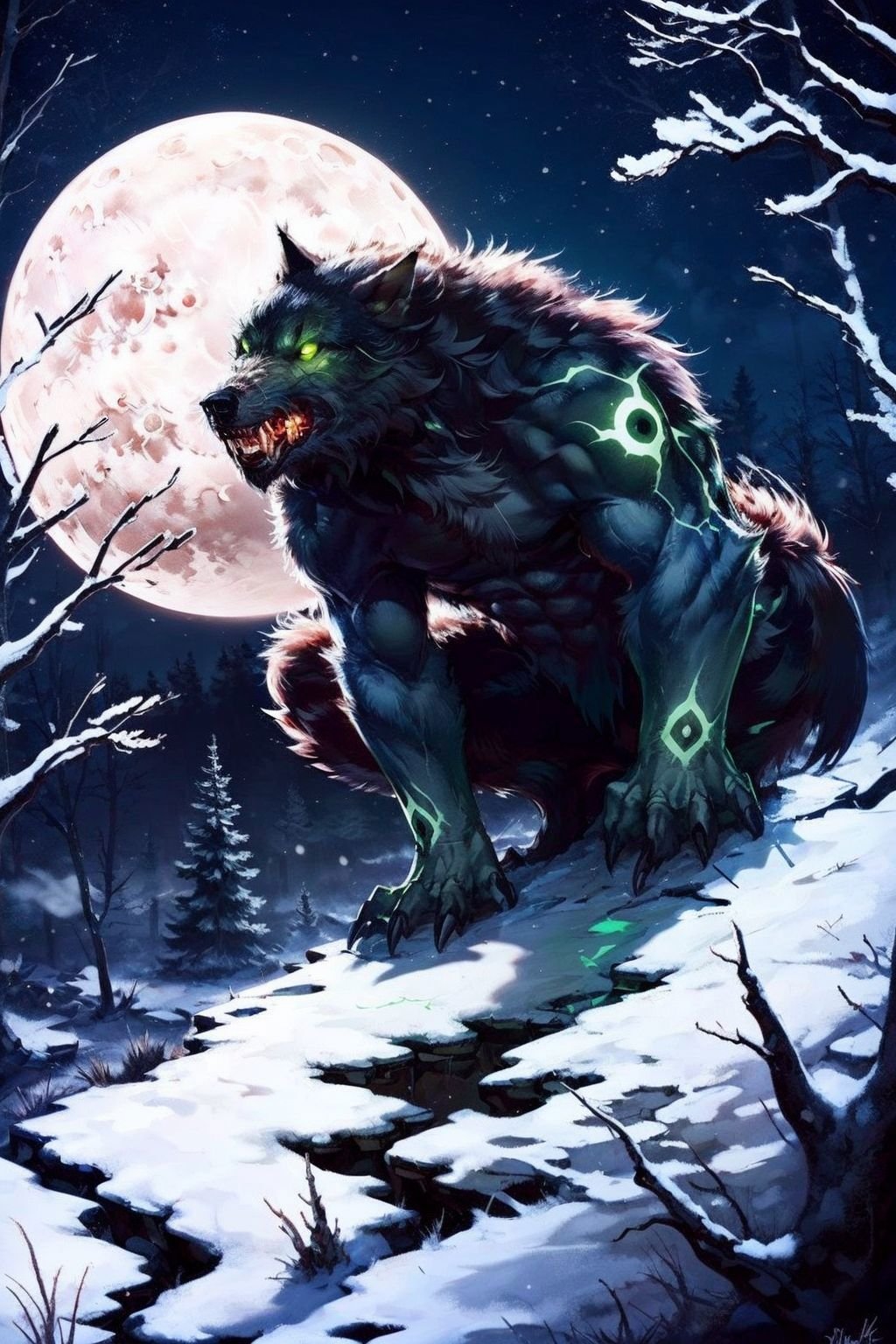 werewolf with glowing green eyes, in the woods, moon in the background <lora:werewolf_v1.0:1>