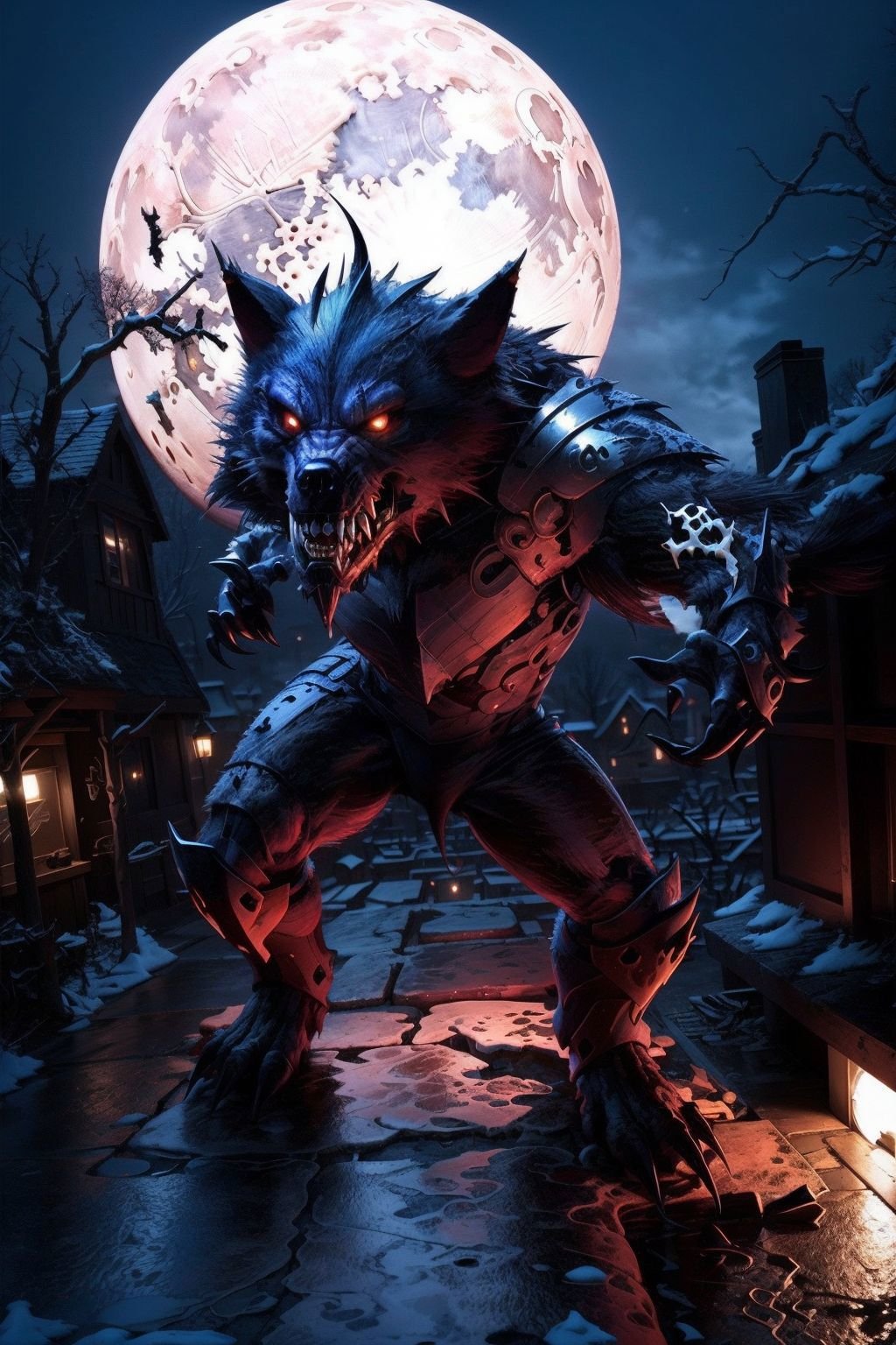 werewolf with bloody fangs, (epoxy_skull:1.2), (wearing shiny metal armor:1.4), in a small medievil town, moon in the background <lora:werewolf_v1.0:1> <lora:epoxy_skull-batchsize1-bf16:1>