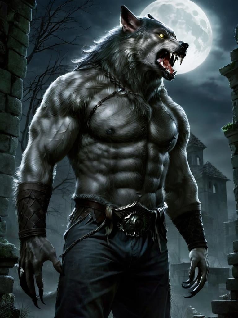 A werewolf stands towering in an abandoned haunted lost city. Moonlight highlights your muscles and scars. The scenery is lush and mysterious, with dark city and surroundings. The camera details everything, a warrior woman, in front of him <lora:werewolf-sdxl:1>