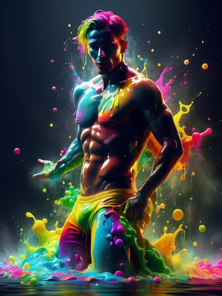 a man in a swimwear with a bulge body covered in a splashes of colourful dye, dynamic pose, 4K, HDR, cinematic lighting, award winning concept art, black background, smoke, bubbles, acidzlime <lora:acidzlime:1>