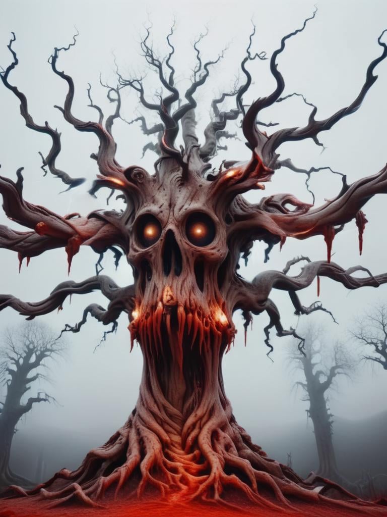 blood, horrific scene, huge horror tree made out of bones, tree made out of skeletons, swampy moor background with fog, skeleton trees in the background, red, orange, white, black, at night, glowing from behind, foggy, fog, zkeleton <lora:zkeleton:1>