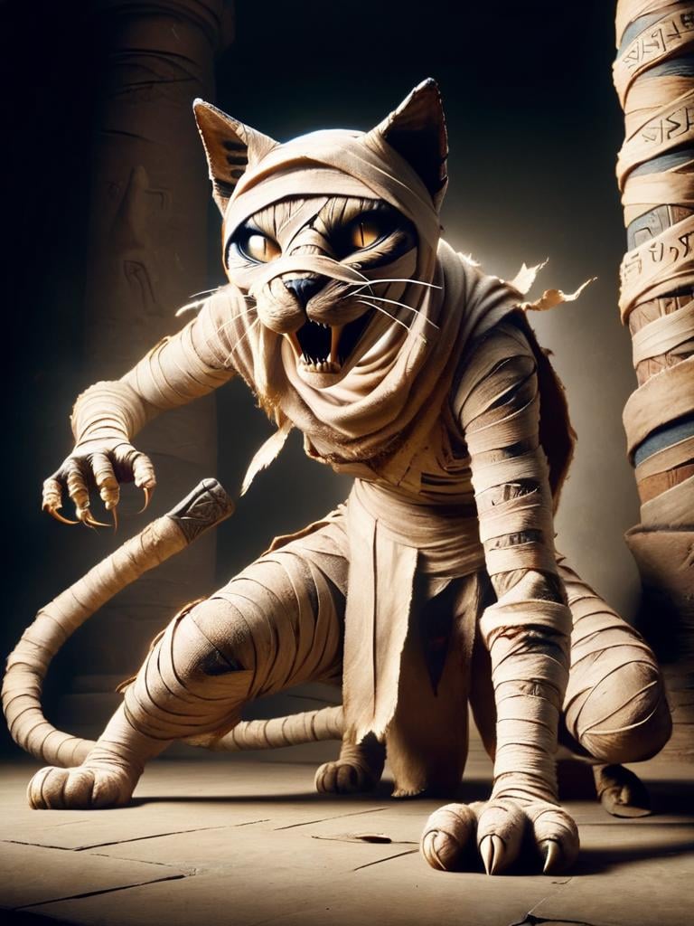 bastet, a man in a costume with a knife in his left hand, mummy style, claws, kneeling on the floor, attack pose, mummy style, wrapped in bandages <lora:bastet-sdxl:1>