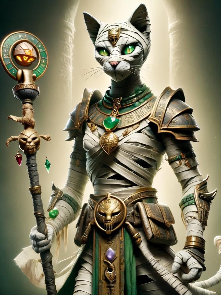 bastet, cat, a female bastet with heavy shoulder armor plates, green eyes, magical staff in right hand, belt with animal head, gem stone on the chest, magic staff, mummy style <lora:bastet-sdxl:1>