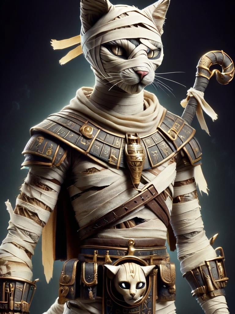 bastet, cat, a male bastete in a bandages, mummy, holding a magic statt with symbols in it, spiked shoulder plates, glowing white eyes, leather belt on chest, staff on the back <lora:bastet-sdxl:1>